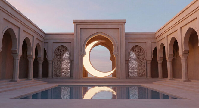 Islamic Architecture Courtyard with Crescent Moon Illumination and Reflecting Pool isolated on transparent background