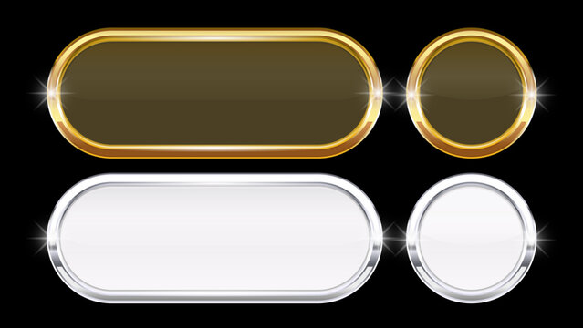 Gold and Silver 3D Glass Buttons with Chrome Frame &ndash; Glossy User Interface UI UX Web Elements Isolated on Black Background Vector Illustration