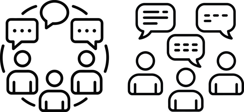 Team building communication line icons with speech bubbles. Business group discussion, team collaboration, and social interaction vector symbols.
