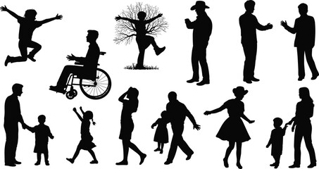 Obraz premium Black vector silhouette set featuring diverse people including a man in a wheelchair a cowboy children jumping and families walking for inclusive community branding