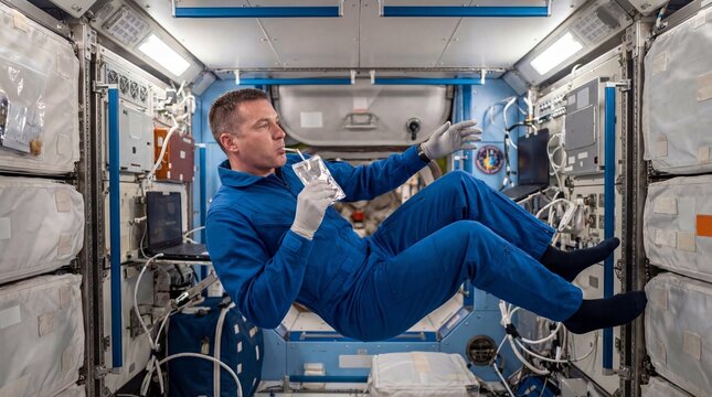 Astronaut floating in space while eating a meal in spacecraft  