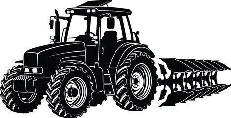 Agricultural tractor with plow silhouette, detailed farming machinery vector showing heavy duty field cultivation equipment isolated on white background