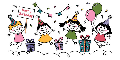 Fototapeta premium Four joyful children celebrating a birthday party with gifts, balloons, confetti, and festive party hats.