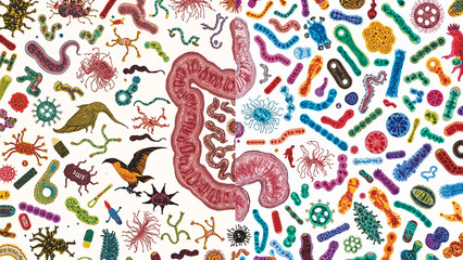 Gut Microbiome Split Screen Comparison, Healthy Diverse Flora versus Damaged Unhealthy Microbiome Illustration