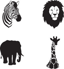 Obraz premium Collection of iconic african safari animal heads and silhouettes lion zebra elephant giraffe graphic design elements vector