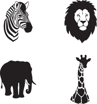 Collection of iconic african safari animal heads and silhouettes lion zebra elephant giraffe graphic design elements vector