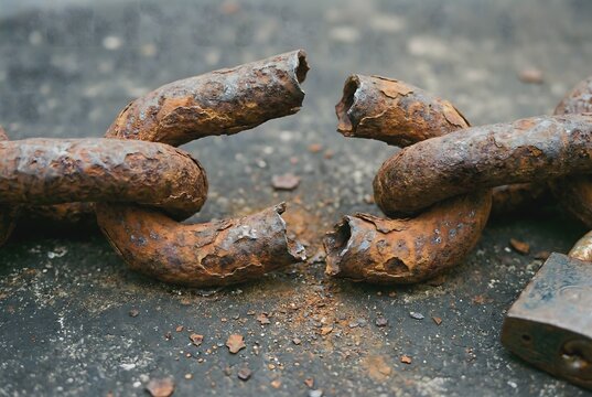 Macro photography of heavy rusty iron chain link snapped and broken showing security breach concept