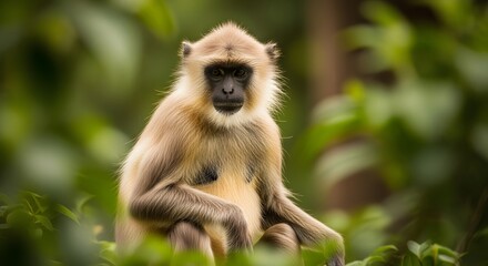 Obraz premium Langur monkey sitting in lush green forest environment