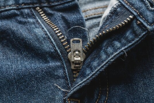 Macro close up of broken metal zipper stuck on blue denim jeans fabric showing clothing failure concept