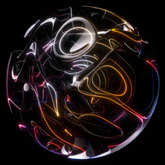 3d render surreal mystic alien ball or sphere sculpture in curved, wavy organic lines forms in a deformation process in translucent liquid glass material with yellow, blue, purple laser round stripes