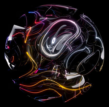 3d render surreal mystic alien ball or sphere sculpture in curved, wavy organic lines forms in a deformation process in translucent liquid glass material with yellow, blue, purple laser round stripes