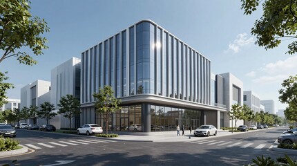 Obraz premium A modern office building with a sleek glass and steel façade stands on a city street corner