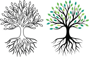 Fototapeta premium Tree of Life Vector Illustration with Roots and Green Leaves - Growth and Nature Concept