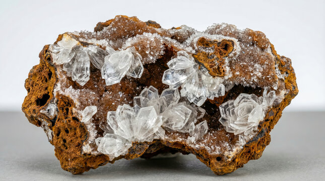 Colorless acicular hemimorphite crystals in fan shaped clusters on on a brown limonite matrix.