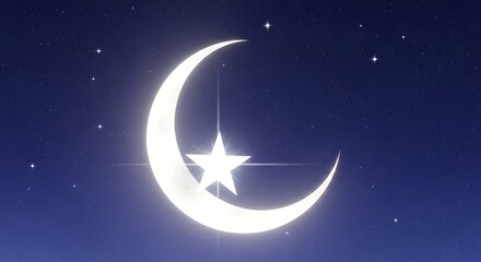 Fototapeta premium Crescent moon and shining stars in a blue night sky with soft clouds illustration