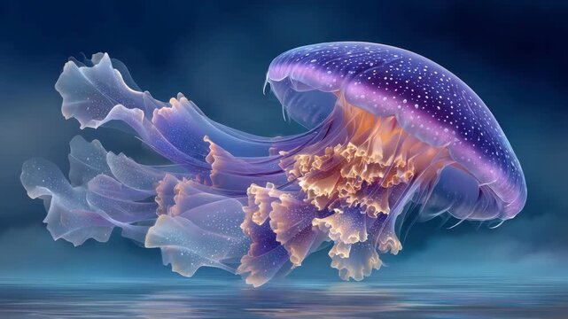 A bioluminescent jellyfish with delicate, flowing tentacles floats serenely above a watery surface