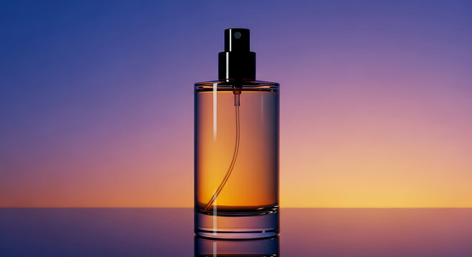 A clear glass bottle of perfume with a gold cap against a sunset sky backdrop.