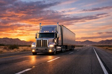 Semi-truck on a desert highway at sunset