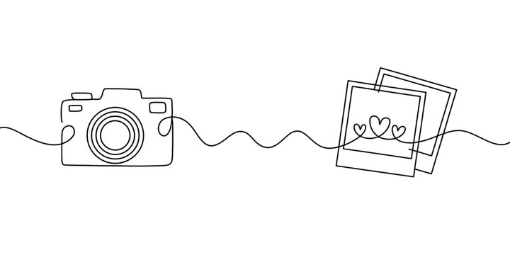 Continuous line drawing of a digital camera and instant photos with heart symbols on a white background.