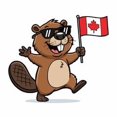 Fototapeta premium Funny Beaver Character with Sunglasses and Canada Flag Mascot. An energetic and happy Canadian beaver mascot in sunglasses, waving and holding the red and white maple leaf flag.
