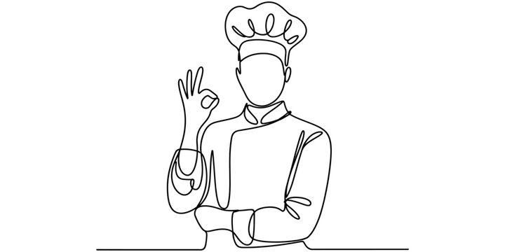 Continuous line drawing of a professional chef wearing a uniform and hat showing an ok sign.