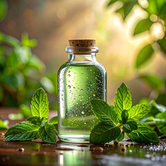 Essence of Mint: A close-up shot of a small glass bottle filled with clear liquid, next to fresh mint leaves with the background blurring out of focus.
