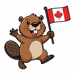 Fototapeta premium Cute Cartoon Beaver Character Holding Canada Flag - Canadian National Mascot Illustration. A friendly and adorable cartoon beaver mascot character walking and proudly holding the national flag of CAN