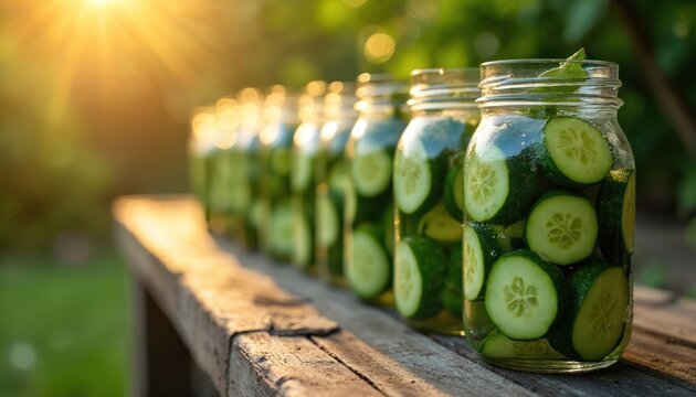Glass jars filled with sliced cucumbers sit in a row on a wooden surface. Sun shines brightly on the preserved food in this close-up outdoor shot.