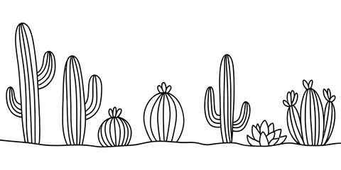Simple black and white line drawing of various desert cacti and succulents in a row © Sojib