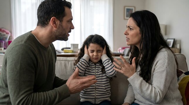 Parents arguing loudly while their child covers ears in distress at home