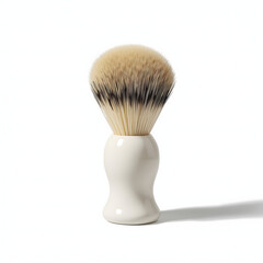 Shaving Brush Close-up: A meticulously crafted shaving brush, boasting a pristine white handle and a dense, luxurious bristle head, stands poised.