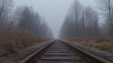 Obraz premium Railway tracks disappearing into the distance on a foggy day.