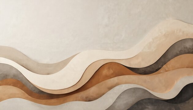 Abstract background with layered flowing wavy shapes in muted earth tones like beige cream brown and grey. Organic curves create subtle texture and soft movement, suggesting natural landscapes.
