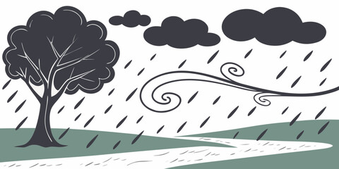 A solitary tree stands tall amidst a stormy landscape with dark clouds and heavy rain © Alone