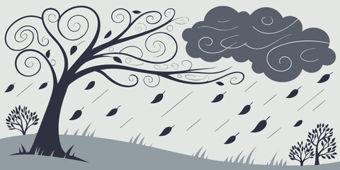 A solitary tree stands amidst a stormy landscape with rain and dark clouds. © Alone