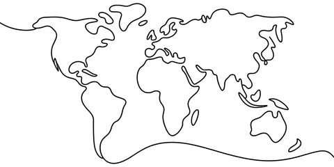 Continuous one line drawing of a world map with all continents on white background. © Sojib