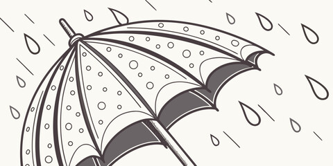 A black and white illustration of an umbrella with raindrops falling around it