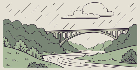 A picturesque bridge over a river amidst lush greenery and a cloudy sky. © Alone