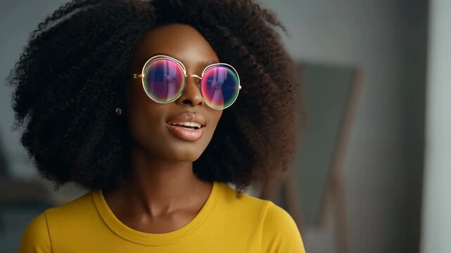 Relaxed Young Woman Featuring Colorful Reflections While Trying Handpicked Vintage Eyewear In Cozy Studio