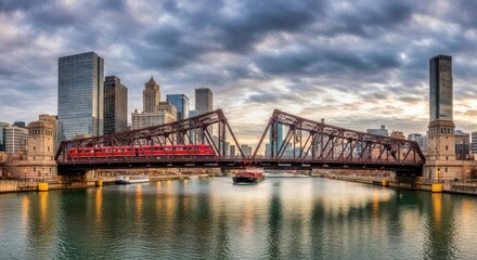 Chicago cityscape with train on drawbridge over river at sunset