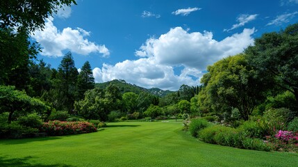 Fototapeta premium Lush Meadow Under Cloudy Sky: A serene and expansive meadow bathed in sunlight, framed by flourishing trees and a stunning, cloud-filled sky, creating a scene of perfect harmony