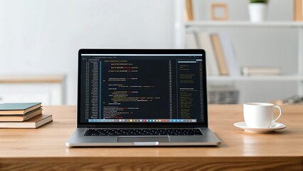 Modern laptop displaying code on screen, placed on a wooden desk with books and a coffee cup, work from home.