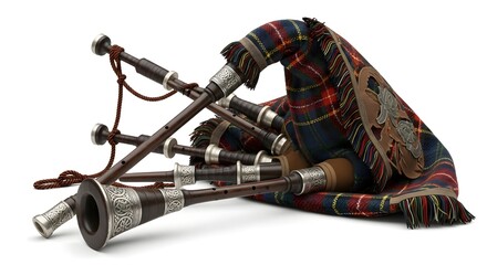A traditional scottish bagpipe instrument with colorful tartan cover