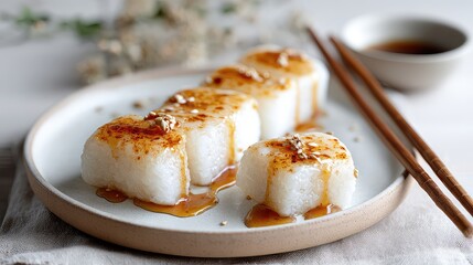 Sticky Rice Cake, Traditional Chinese glutinous rice cake coated with roasted soybean powder and drizzled with brown sugar syrup, soft chewy texture visible