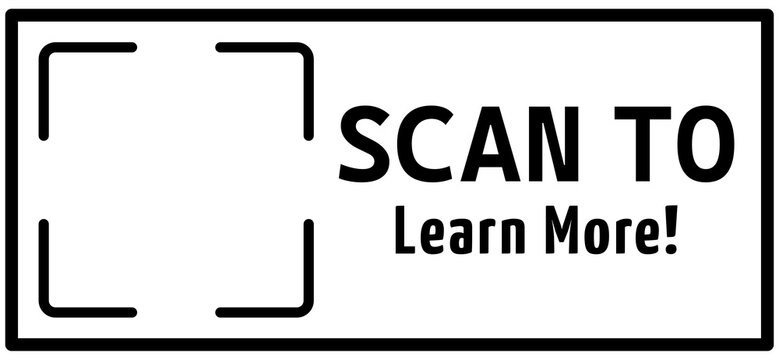 Scan to learn more black frame. QR code, barcode, printable scan here, sticker template. Vector illustration transparent PNG background