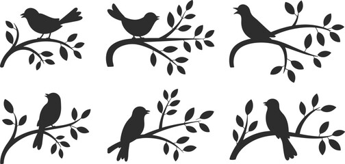 Black Bird Silhouettes Set With Songbirds Perched On Leafy Tree Branches And Singing Garden Birds Isolated On White Background For Nature And Wildlife Graphic Design
