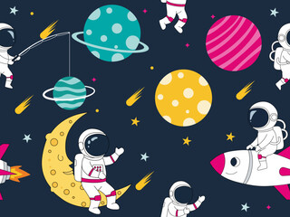 whimsical space adventure astronaut planet rainbow seamless rocket science