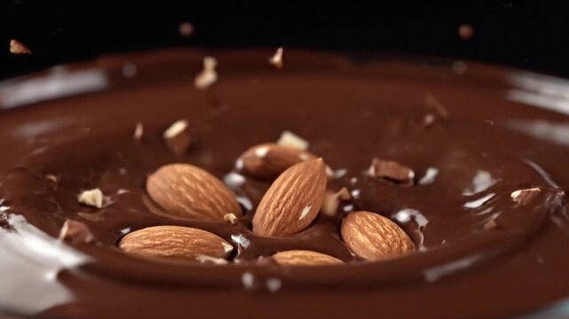 Golden almonds gracefully plummeting into a luxurious swirl of molten chocolate, creating tantalizing ripples and splashes of rich dessert