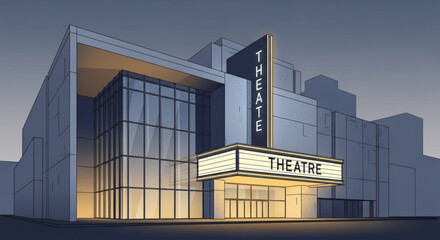 Modern theater building facade with illuminated marquee sign architectural illustration for entertainment venues and event promotion © SHAFIQURREHMAN