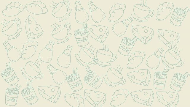 Food doodle outlines depict cheese, drinks, dumplings, bottles, and noodle cups. Ideal for food blogs, menu designs, packaging, and posters.